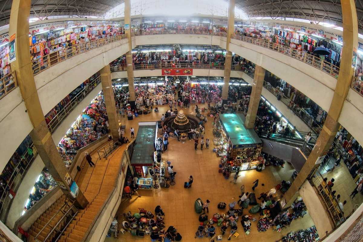 Panorama of Dong Xuan Market Panoramic shot showcasing the multiple levels of shops within Dong Xuan Market