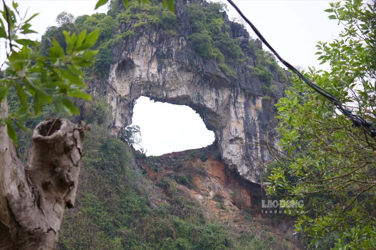 A view of the natural arch formation at Drum Cave in Halong Bay, showcasing the cave's geological beauty.