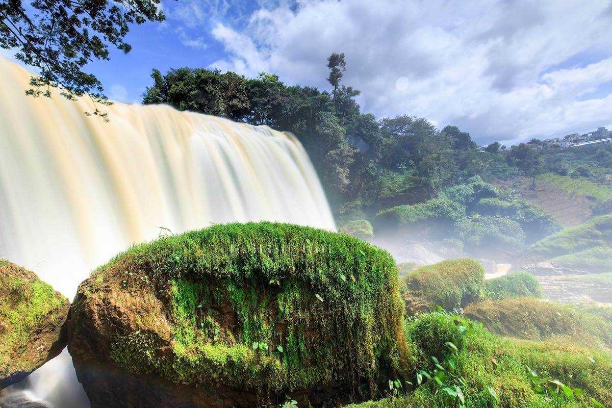 Elephant Waterfall Da Lat waterfall close-up view Close-up view of Elephant Waterfall Da Lat with water pouring down thickly over rocks and lush moss in a dramatic scene