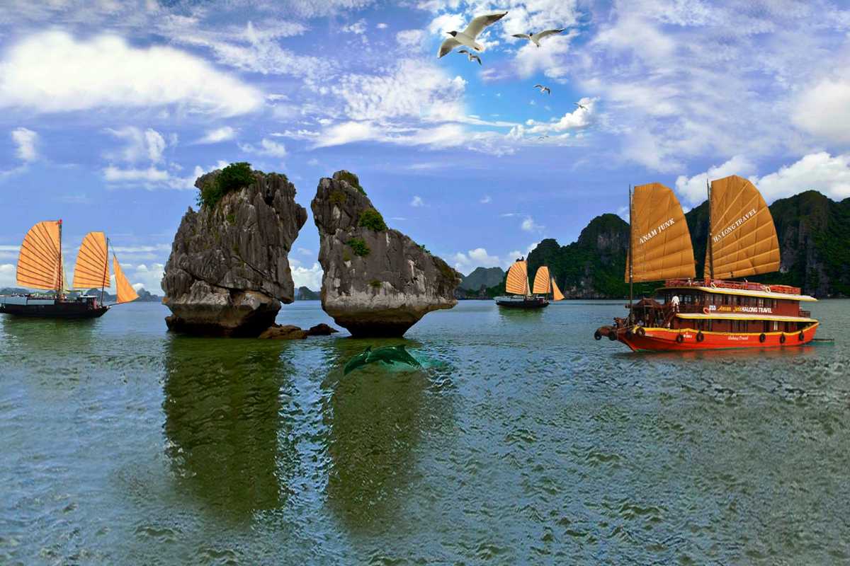 Fighting Cocks Islet Halong Bay Bright Day with Boats and Islands Bright daytime scene of Fighting Cocks Islet Halong Bay with multiple boats and limestone islands in view.