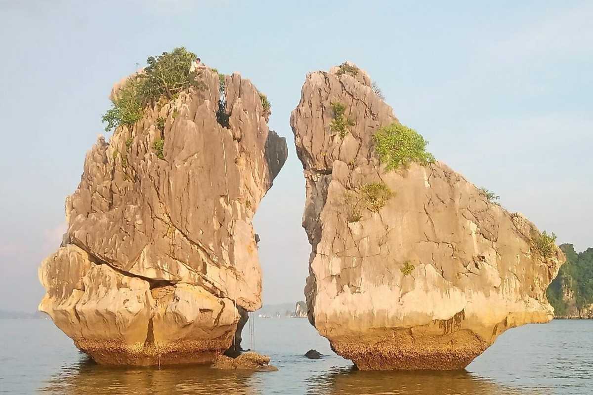 Fighting Cocks Islet Halong Bay Clear Sky with Rocky Formations Clear sky background highlighting Fighting Cocks Islet Halong Bay’s unique rocky formations surrounded by water.