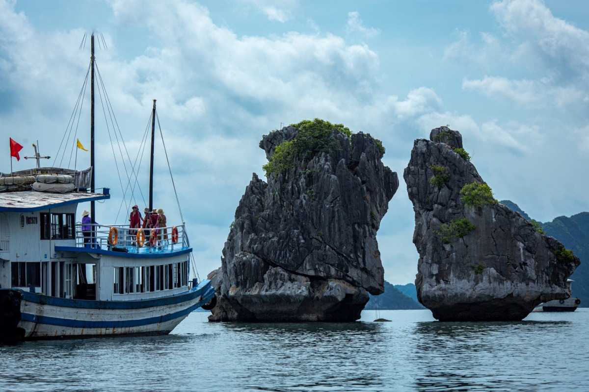 Fighting Cocks Islet Halong Bay close limestone details Close-up of limestone cliffs at Fighting Cocks Islet Halong Bay with green vegetation