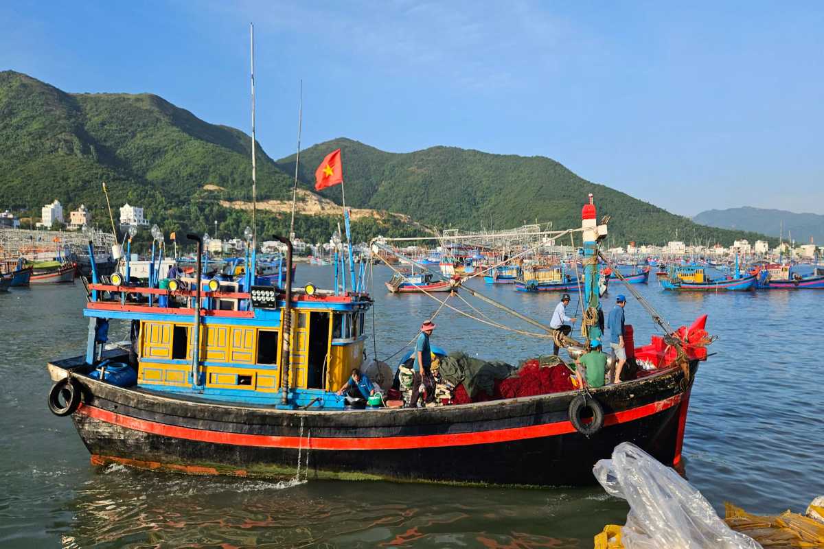 Fishing Boat Crew at Work in Vĩnh Lương Fishermen on a colorful wooden boat unloading nets at the Vĩnh Lương harbor with lush hills in the background.
