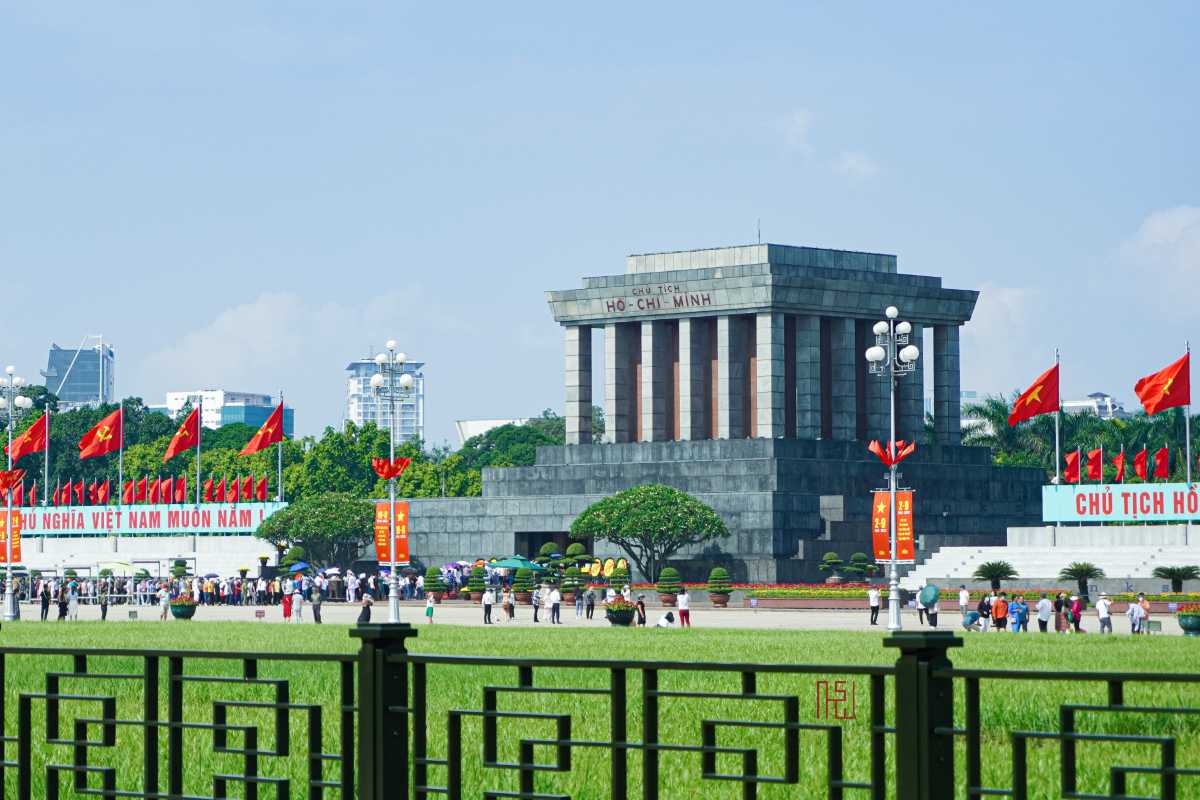 Flag Waving at Ho Chi Minh Mausoleum Vietnamese flags waving near the Ho Chi Minh Mausoleum