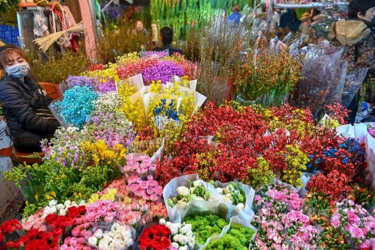 Vibrant Red and Pink Flowers at Ngoc Ha Flower Village Hanoi Market Bright red and pink flowers displayed at a market stall in Ngoc Ha Flower Village Hanoi.