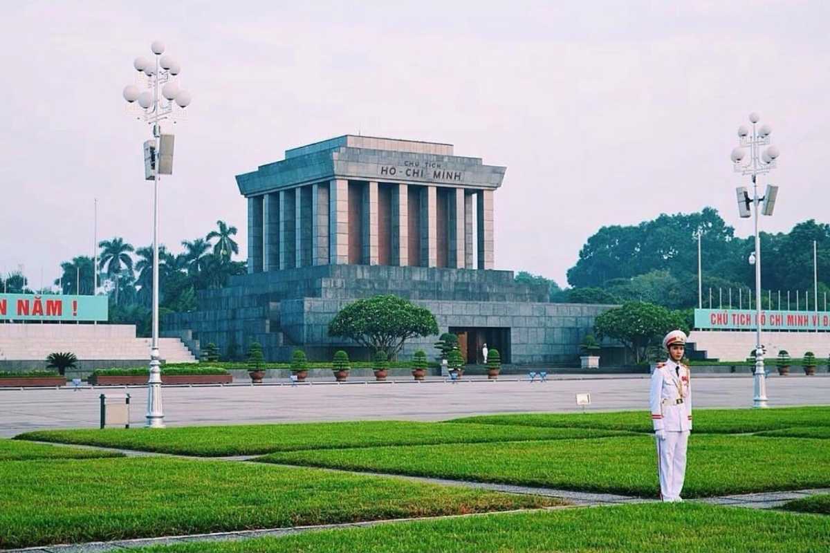 Ho Chi Minh Mausoleum Front View Front view of the Ho Chi Minh Mausoleum with an honor guard standing on the lawn