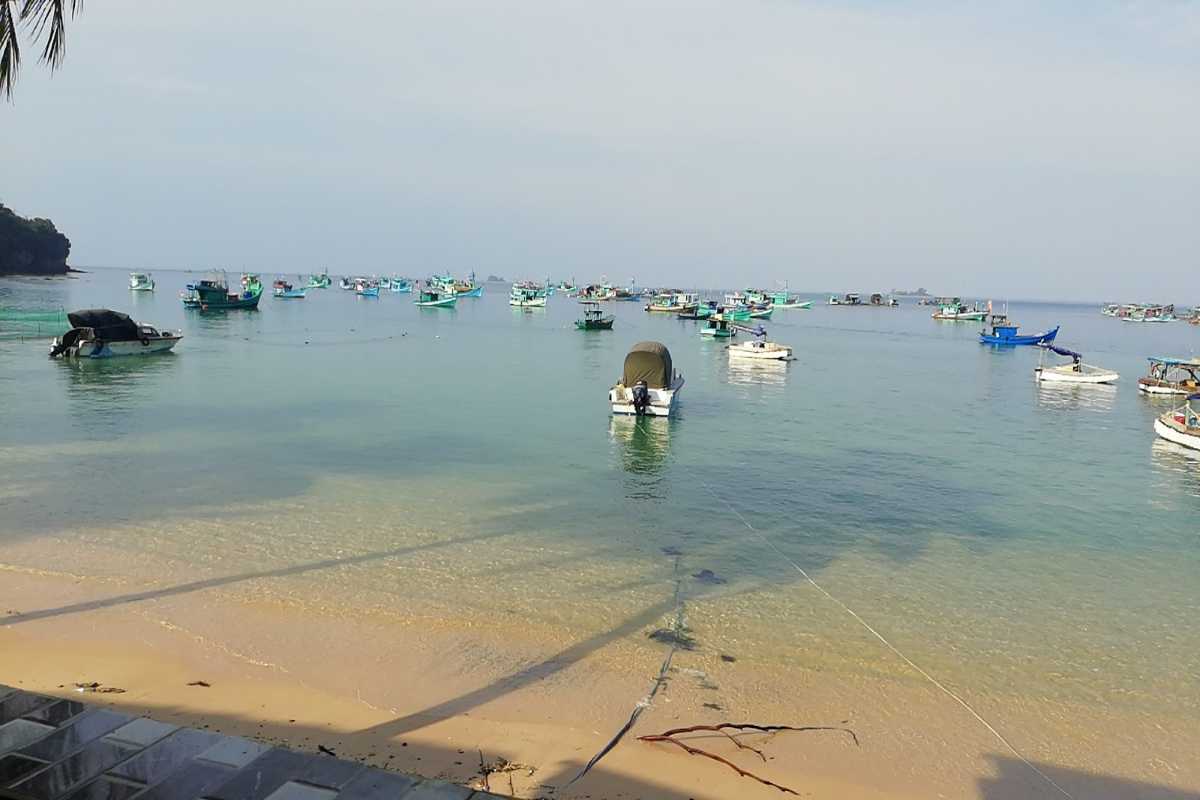 Ganh Dau Cape Fishing Boats in the Water Local fishing boats docked near the shoreline at Ganh Dau Cape with calm waters.