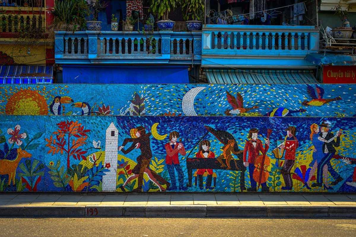 Hanoi Ceramic Mosaic Mural Road cultural heritage mosaic Detailed cultural heritage mosaic with traditional Vietnamese symbols on the mural