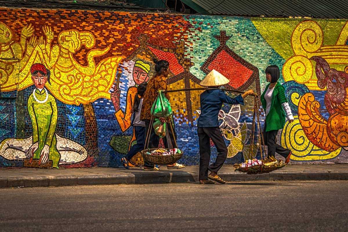 Hanoi Ceramic Mosaic Mural Road festive cultural mosaic Colorful mosaic depicting traditional celebrations and cultural festivities on the mural