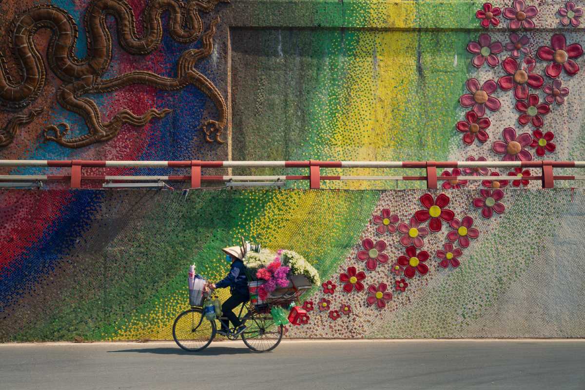 Hanoi Ceramic Mosaic Mural Road flower bicycle street scene Colorful bicycle with flowers passing in front of vibrant floral mosaic on Hanoi Ceramic Mosaic Mural Road