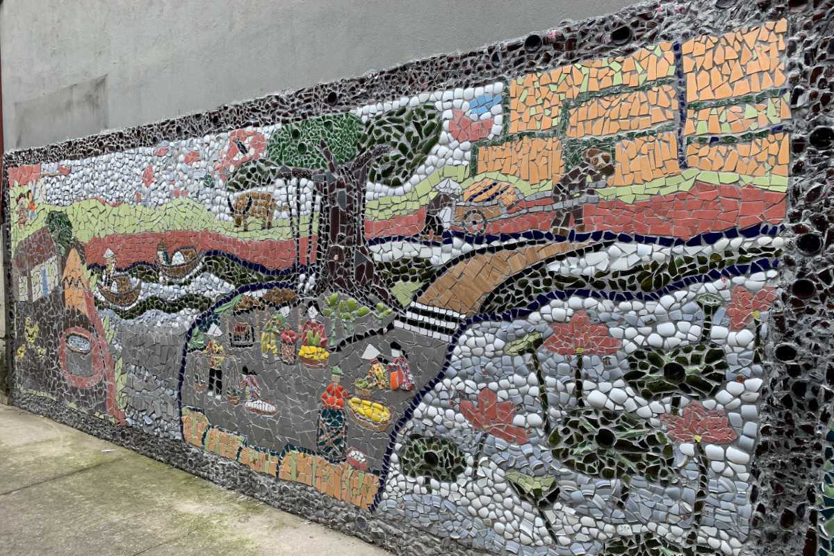 Hanoi Ceramic Mosaic Mural Road rural village scene mosaic Detailed ceramic mosaic of a rural village depicting local life on Hanoi Ceramic Mosaic Mural Road
