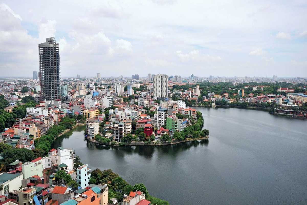 Hanoi City Peninsula Surrounded by Red River Vietnam Urban peninsula surrounded by Red River Vietnam with dense housing and cityscape