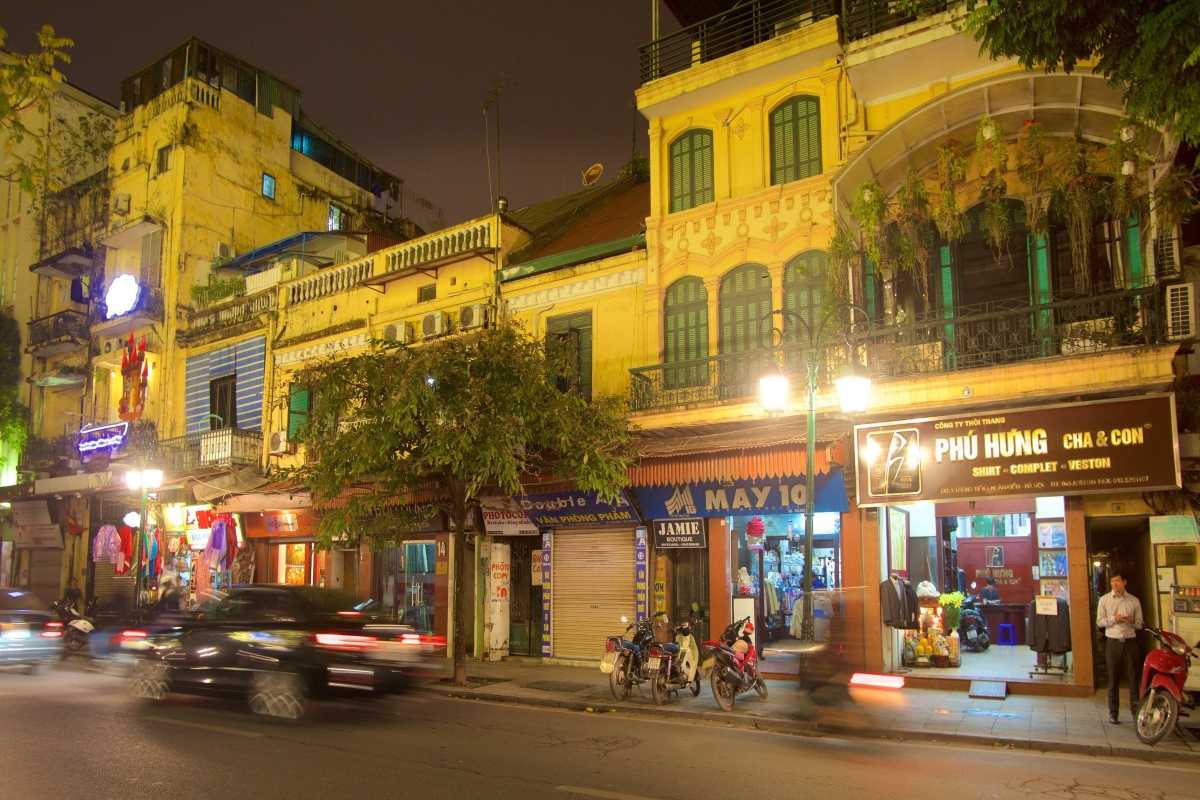 Hanoi French Quarter Night Street View Nighttime street scene with shops and lights in Hanoi French Quarter