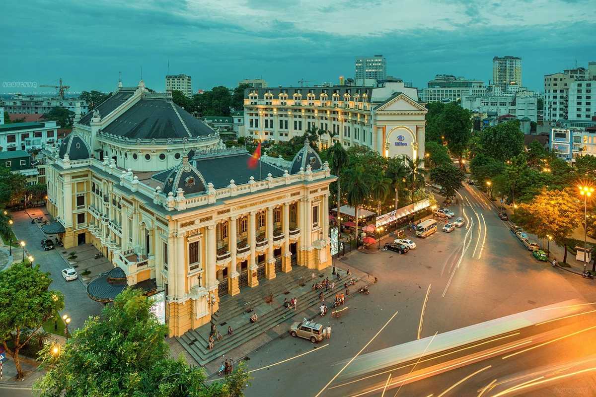 Hanoi Opera House Aerial View Aerial perspective of Hanoi Opera House showing surrounding streets and buildings