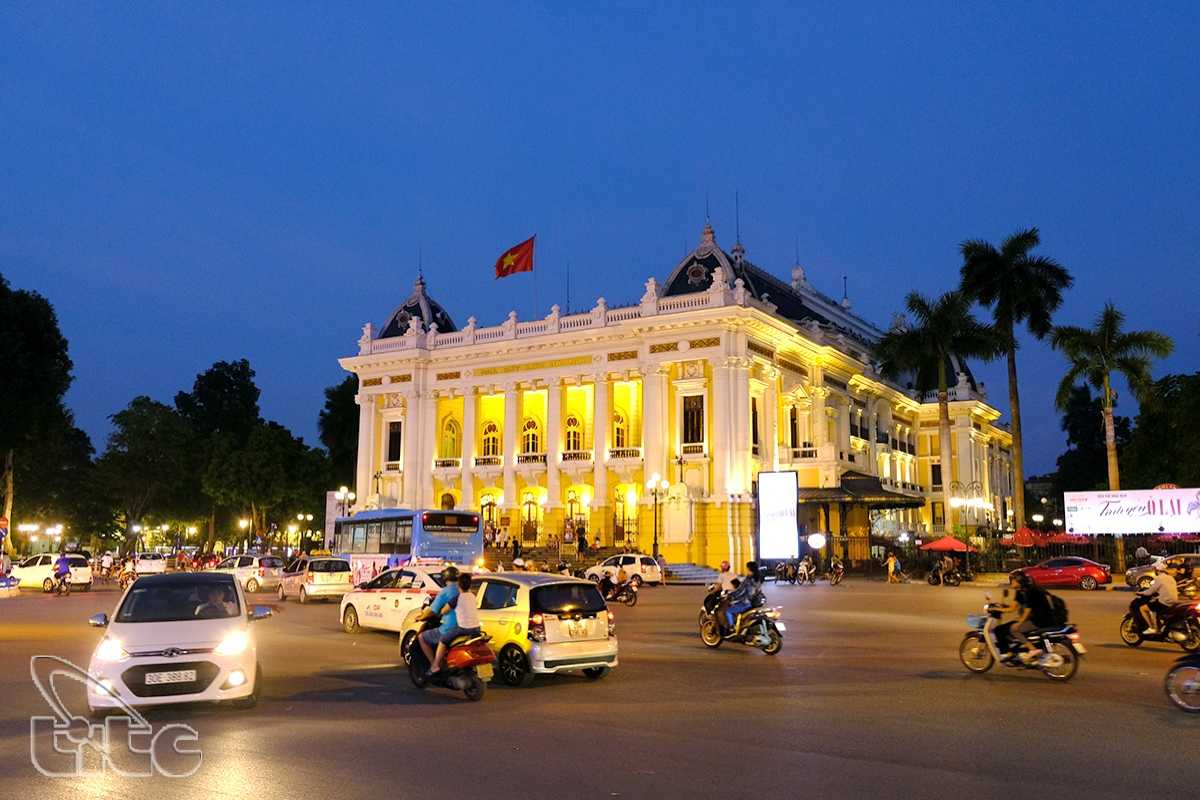 Hanoi Opera House Exterior from Balcony Balcony view overlooking the front steps and facade of Hanoi Opera House