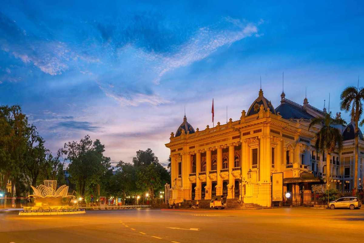 Hanoi Opera House Front Night View Hanoi Opera House front facade brightly illuminated at night