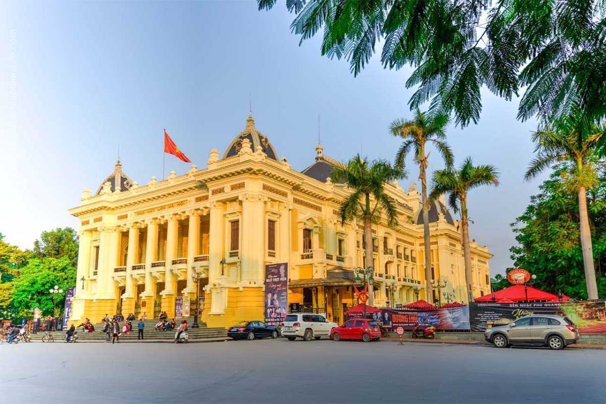Hanoi Opera House Interior View with Red Seats Interior view showing rows of red seats and ornate balconies