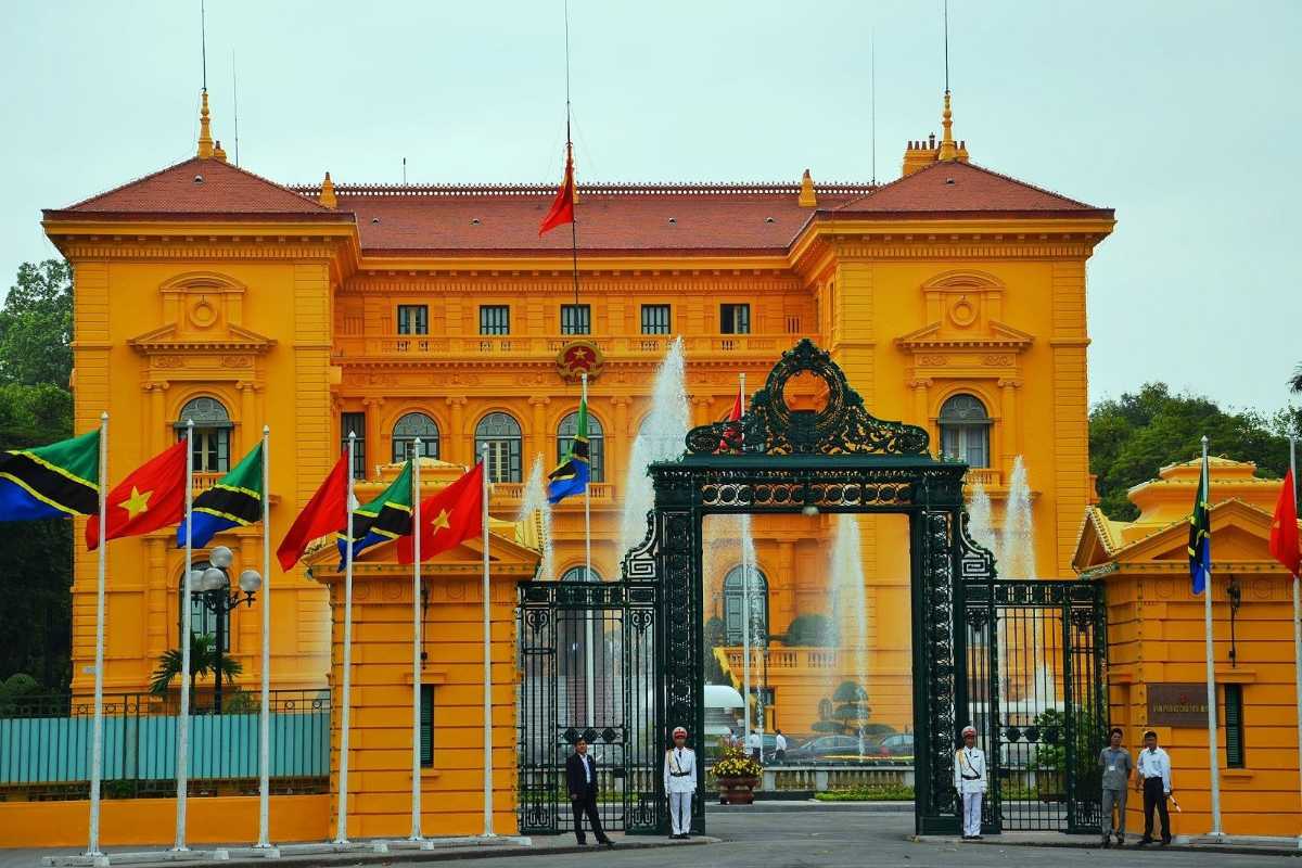 Hanoi Presidential Palace Grand Front Steps Grand steps leading up to the Hanoi Presidential Palace entrance with ceremonial guards