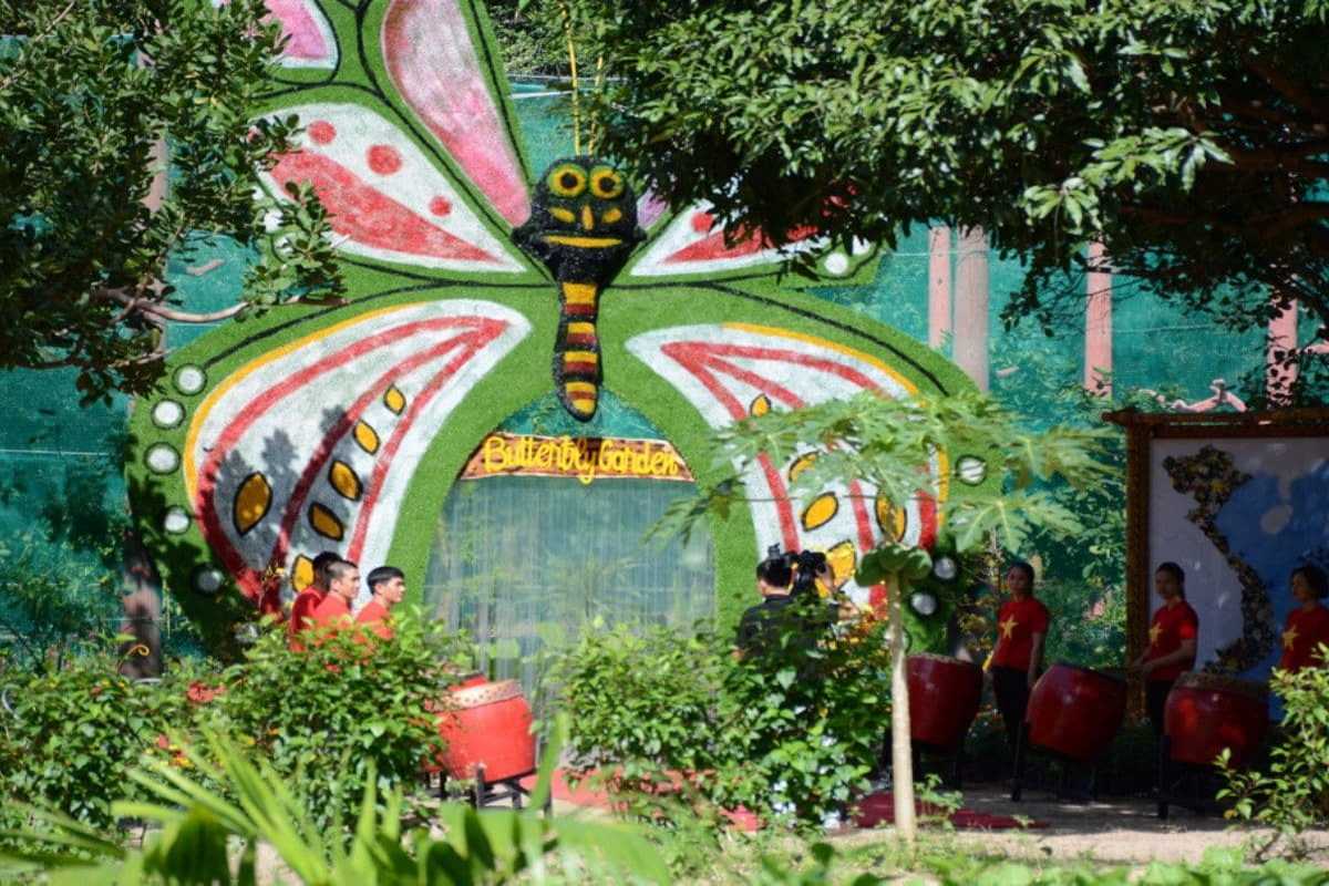 Butterfly Garden Entrance at Hoa Lan Stream Orchid Island Nha Trang Colorful butterfly garden entrance with artistic decorations at Hoa Lan Stream Orchid Island in Nha Trang.