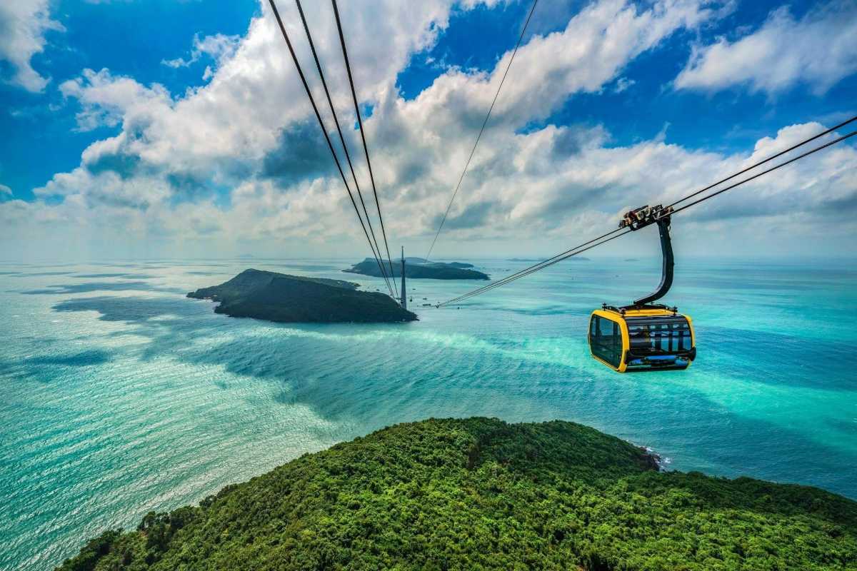 Hon Thom Cable Car scenic aerial view Aerial view of Hon Thom Cable Car crossing turquoise waters at An Thoi Archipelago
