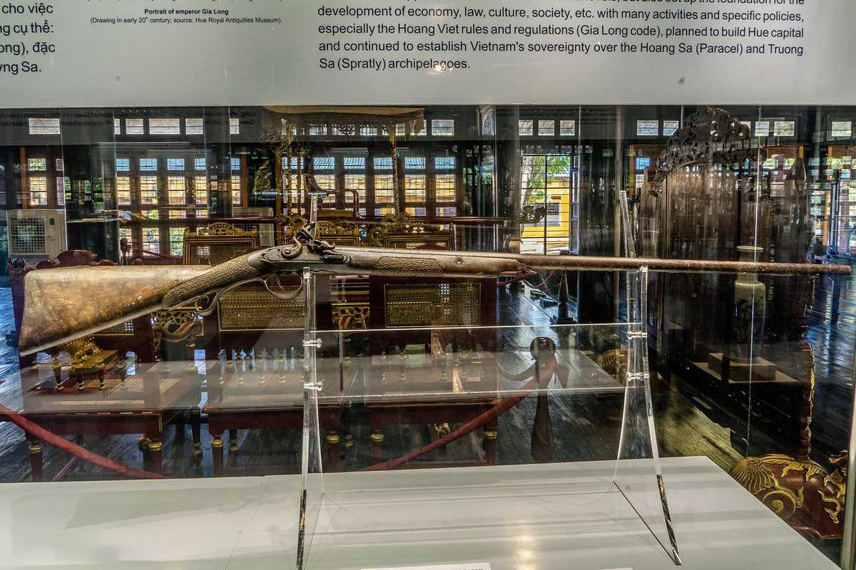 Ancient musket at Hue Museum of Royal Antiquities Ancient musket and firearm artifact on display at Hue Museum of Royal Antiquities, connecting to Vietnamese history