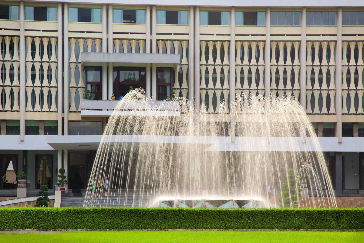 Independence Palace Saigon Fountain Close-Up Close-up of fountain spraying water in front of Independence Palace Saigon