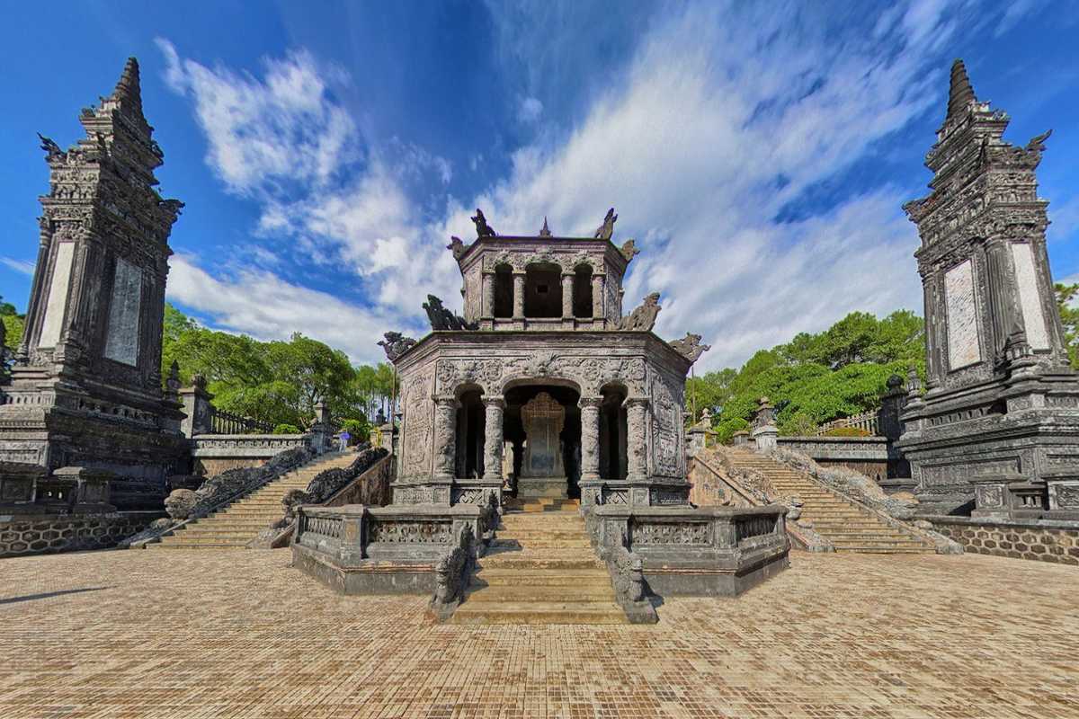 Front view of Khai Dinh Tomb in Hue showing Gothic facade, dragon steps, and symbolic architecture