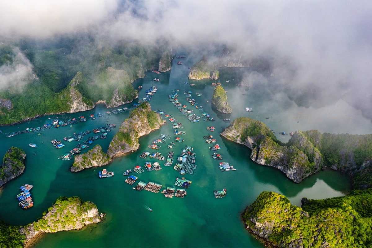 Lan Ha Bay Vietnam misty floating village morning view Mist drifts over Lan Ha Bay’s floating village and limestone cliffs during early morning light