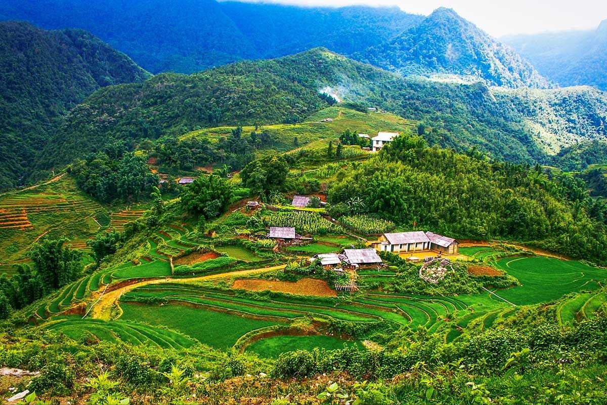 Lao Chai Village Sapa panoramic terraced fields and mountains Lao Chai Village Sapa panoramic view of terraced rice fields surrounded by mountains and forested hills
