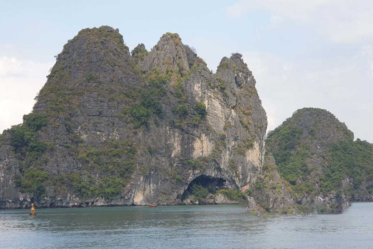 Limestone cliffs surrounding Drum Cave Halong Bay Limestone cliffs surrounding the entrance to Drum Cave Halong Bay, emphasizing its geological significance.