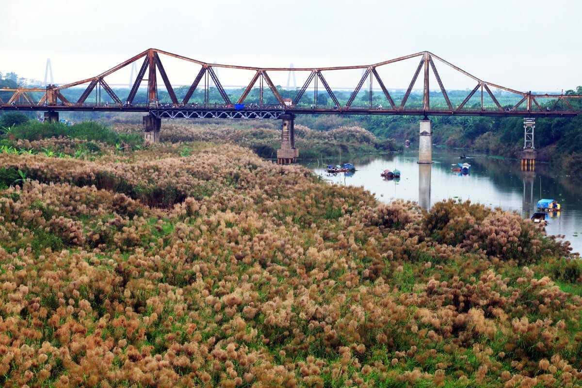 Long Bien Bridge Over Red River Landscape View of Long Bien Bridge spanning the Red River surrounded by lush riverside vegetation