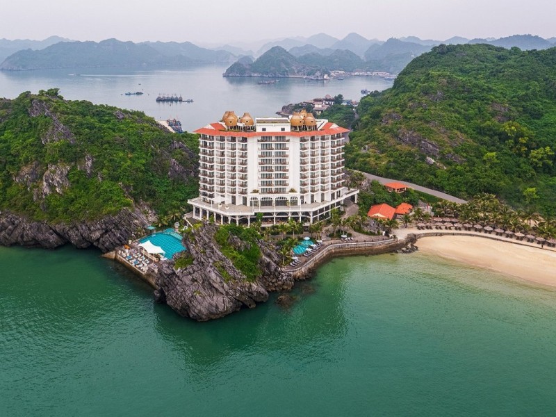 A luxury resort perched on the cliffs overlooking Cat Ba Bay