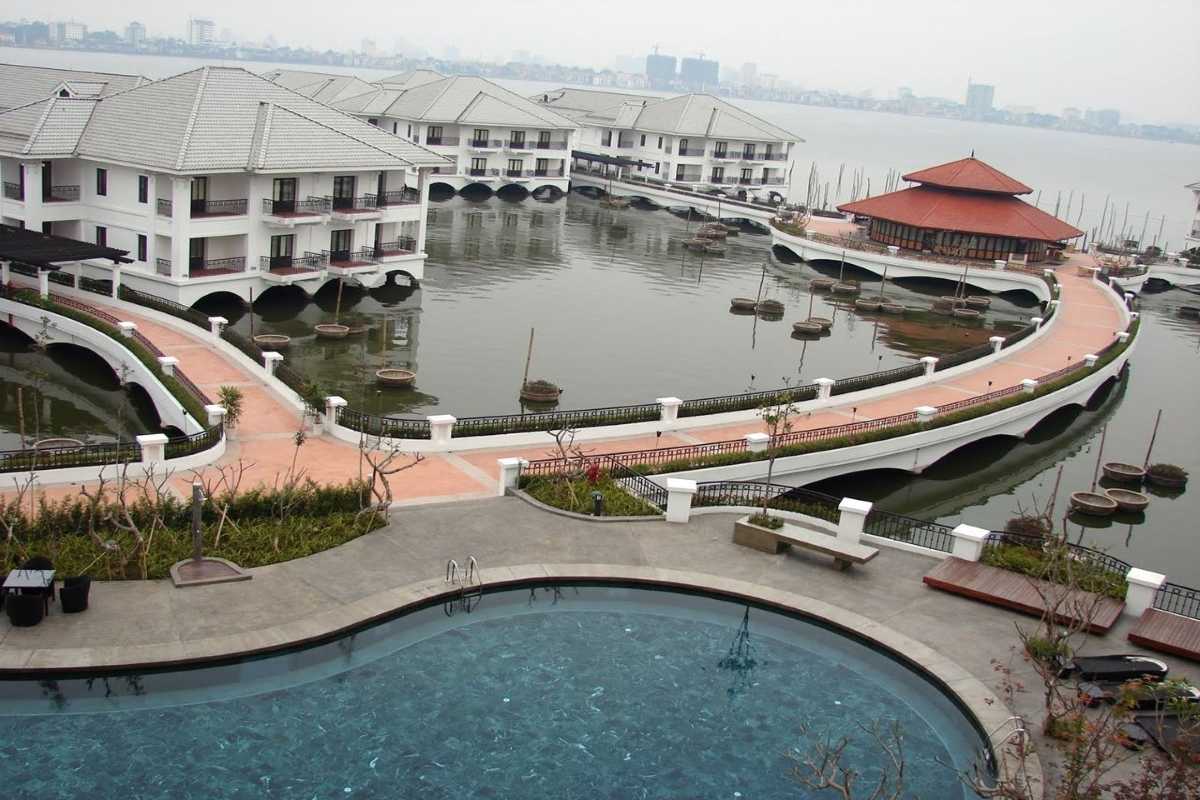 Luxury Resort over West Lake Hanoi Luxury resort complex built on West Lake Hanoi with elegant architecture and waterfront setting