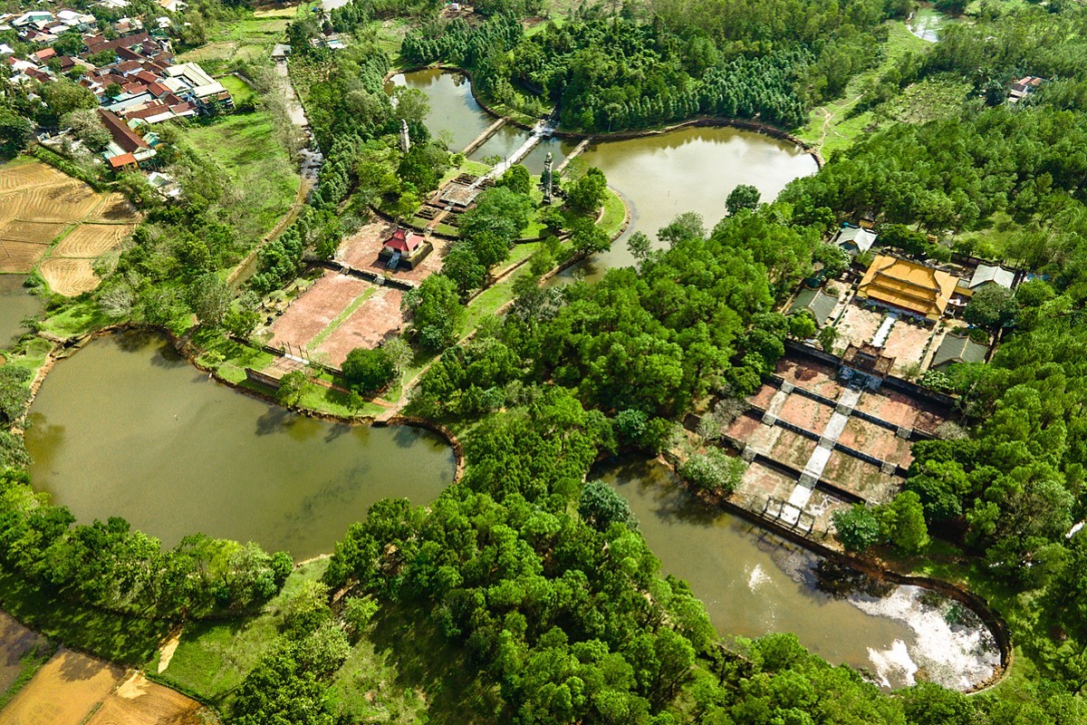 Aerial view of Minh Mang Tomb surrounded by nature in Hue, Vietnam