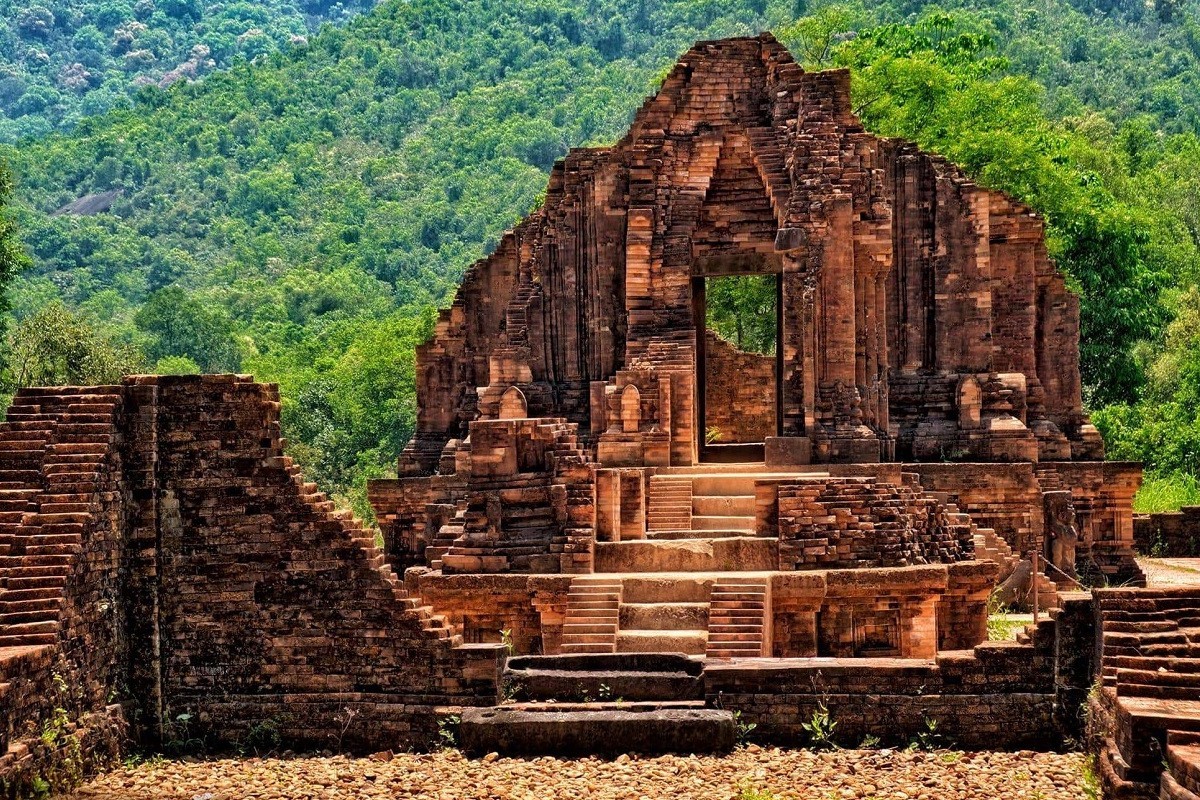 My Son Holy Land ancient Cham temples with a scenic mountain backdrop