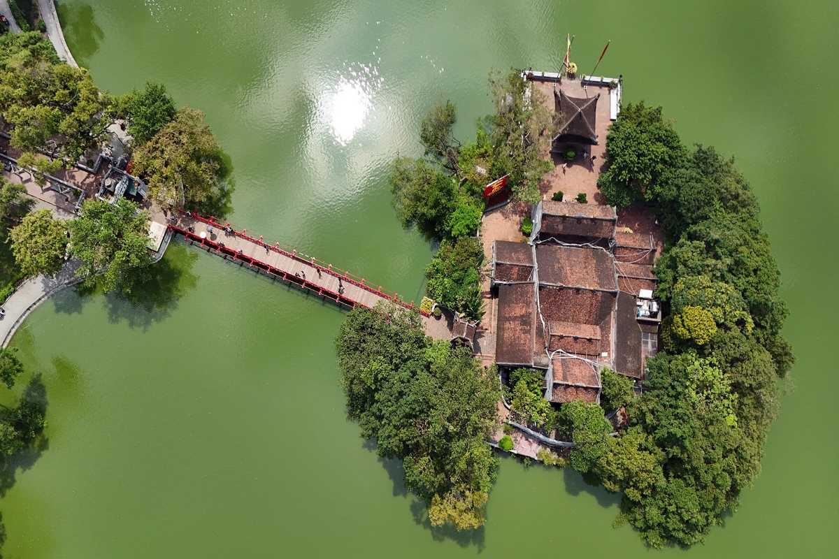 Aerial View of Ngoc Son Temple Island Top view of Ngoc Son Temple island surrounded by green Hoan Kiem Lake in Hanoi