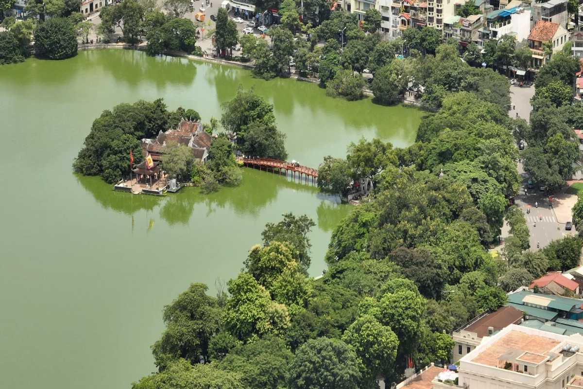 Ngoc Son Temple Island and The Huc Bridge Aerial view of Ngoc Son Temple island connected by The Huc Bridge over Hoan Kiem Lake in Hanoi