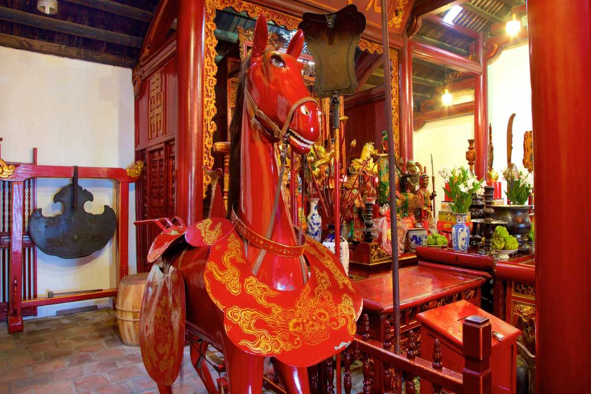 Red Horse Statue inside Ngoc Son Temple Large red horse statue with traditional decorations inside Ngoc Son Temple in Hanoi