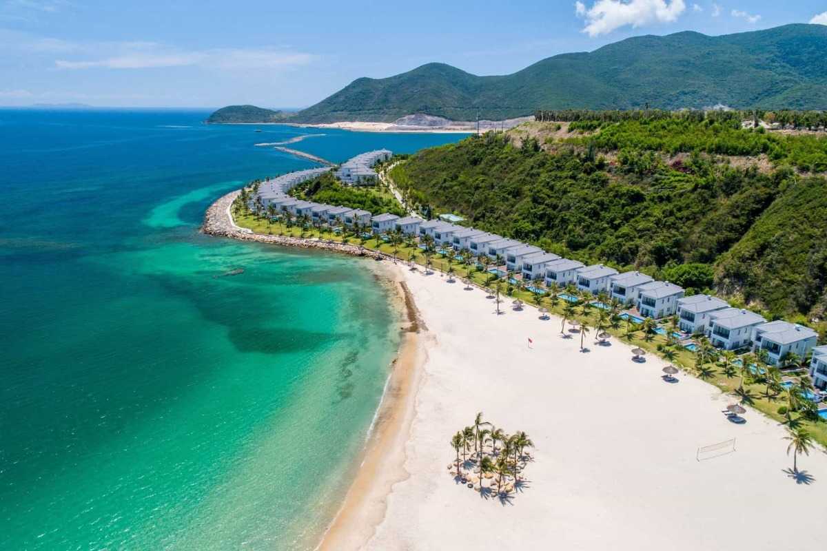 Overhead view of cable car and harbor at Nha Phu Bay Cable car system transporting visitors over Nha Phu Bay’s harbor area, connecting the mainland to nearby islands in Nha Trang.