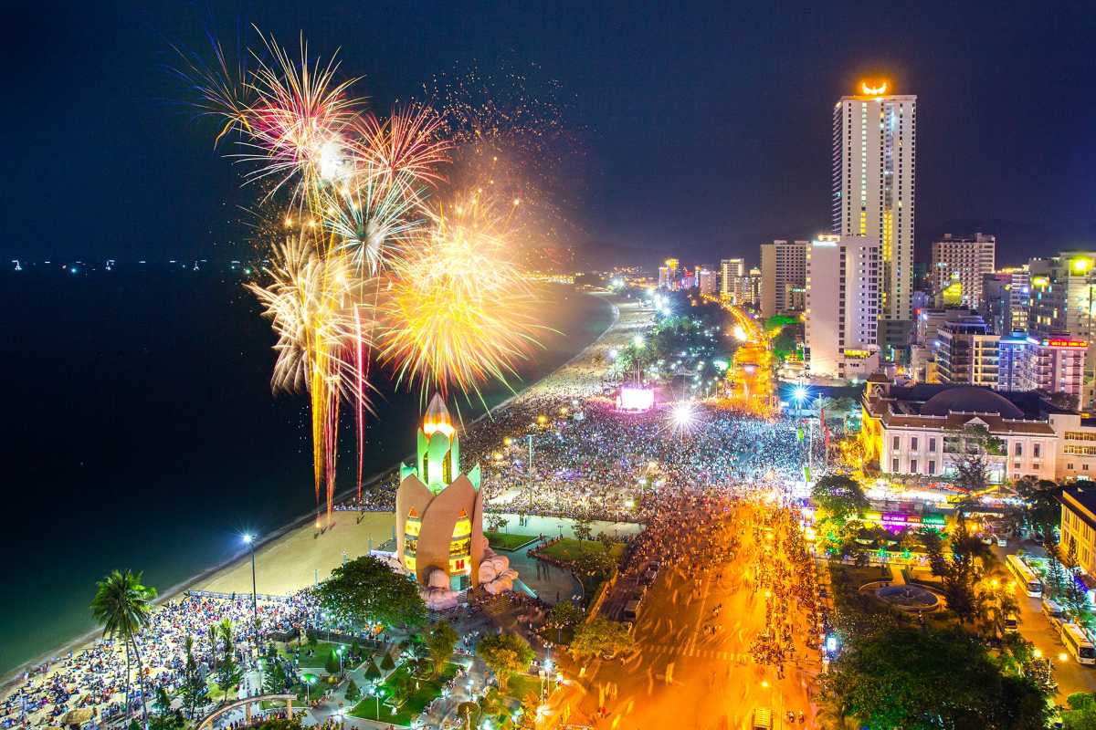 Nha Trang fireworks festival night Fireworks light up the night sky above Nha Trang Beach during a crowded seaside festival