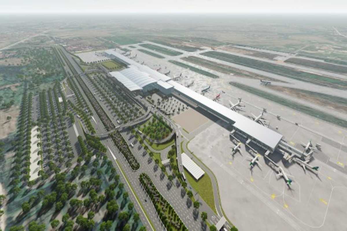 Front View of Noi Bai International Airport Terminal Front exterior view of Noi Bai International Airport Terminal with clear signage and landscaped foreground