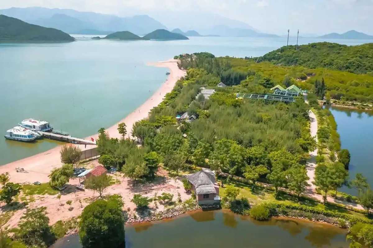 Orchid Stream Island Coastal View Nha Trang Panoramic coastal view with sandy beach and greenery of Orchid Stream Island in Nha Trang