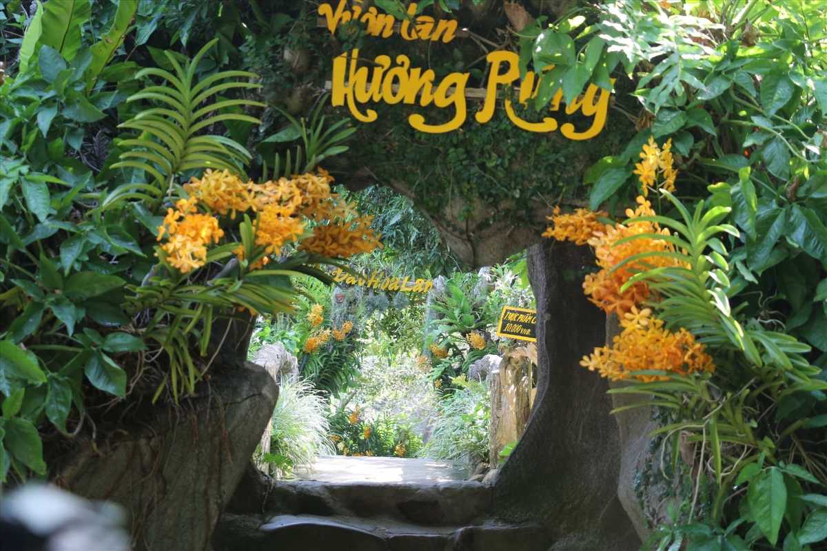 Orchid Stream Island Flower Garden Gate Nha Trang Yellow flower gate entrance in the garden area of Orchid Stream Island, Nha Trang