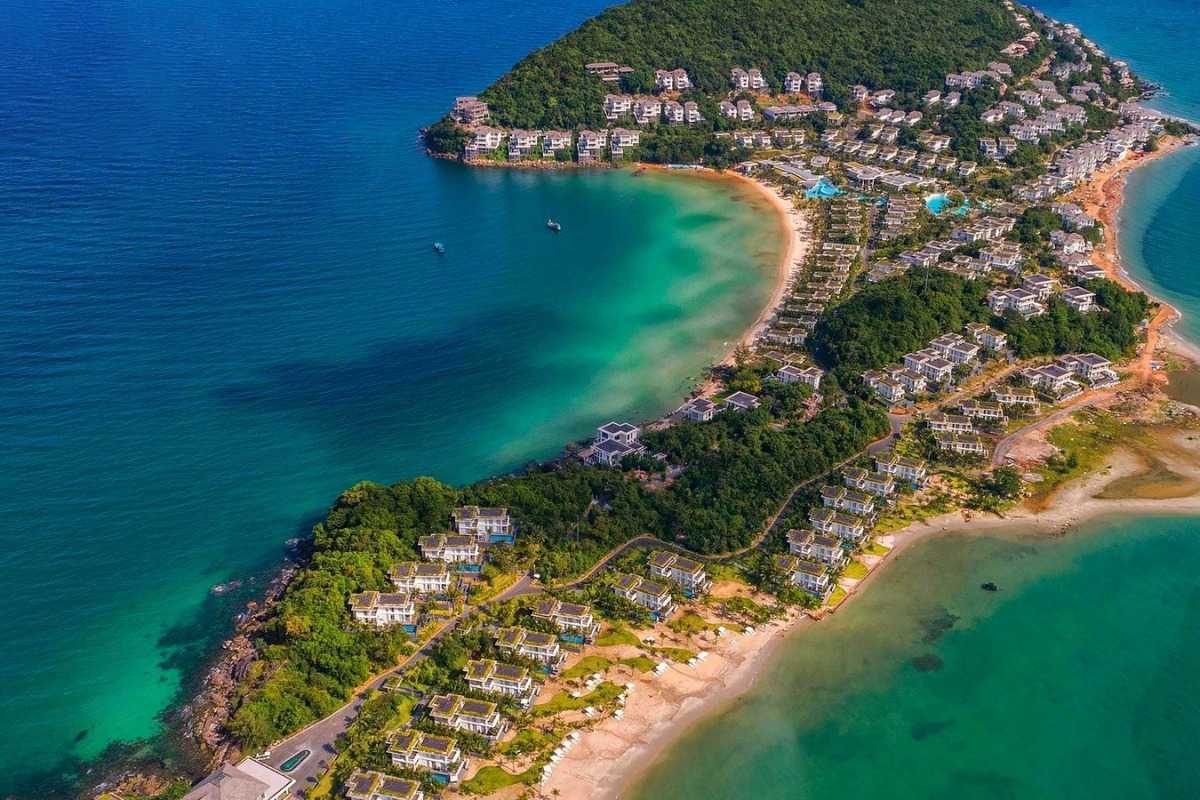 Panoramic aerial of An Thoi coastline and harbor Panoramic aerial photo of An Thoi coastline, harbor, and fishing boats in Phu Quoc