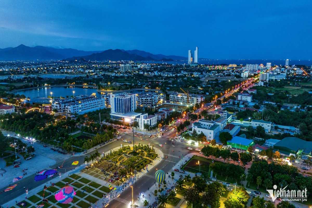 Phan Rang City Night Aerial View Night aerial shot of urban lights and cityscape in Phan Rang–Tháp Chàm City