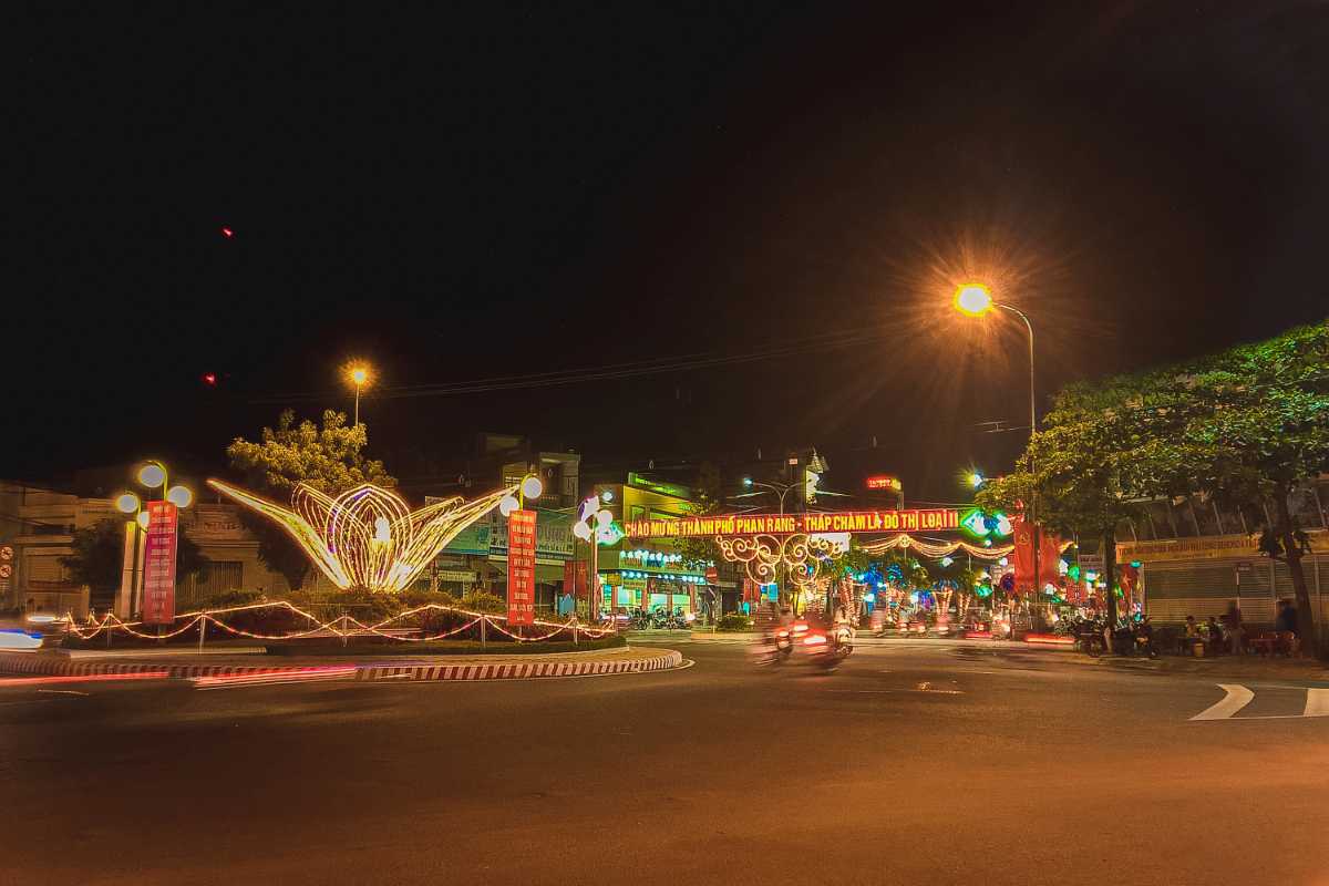Phan Rang Thap Cham City Night Street View Night street scene in Phan Rang–Tháp Chàm City with vibrant lights and busy traffic