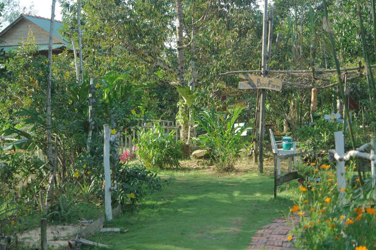 Garden entrance path at Phu Quoc Bee Farm Scenic pathway lined with flowers and plants leading into the Phu Quoc Bee Farm garden area