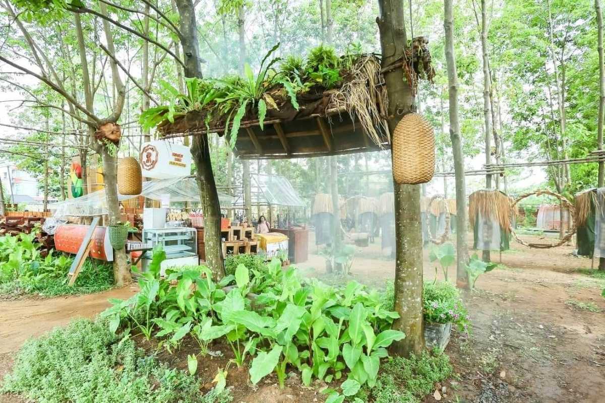 Phu Quoc Bee Farm visitor area with garden and amenities Visitor area at Phu Quoc Bee Farm featuring lush garden landscaping and shaded seating
