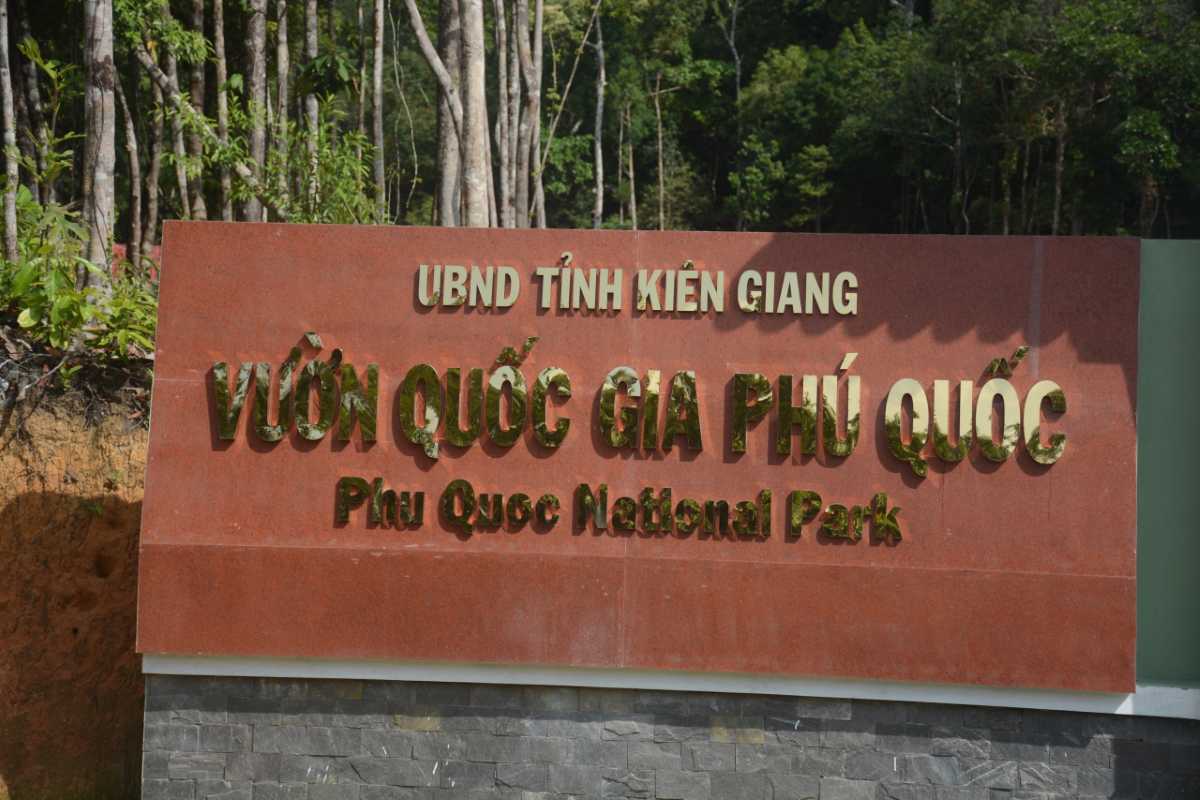 Phu Quoc National Park entrance sign located at the park's entrance in Phu Quoc Island, Vietnam.