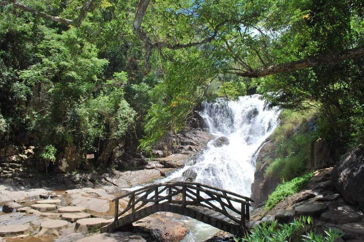 Picturesque Footbridge Over Datanla Waterfalls Wooden footbridge crossing over the flowing cascades at Datanla Waterfalls, framed by greenery